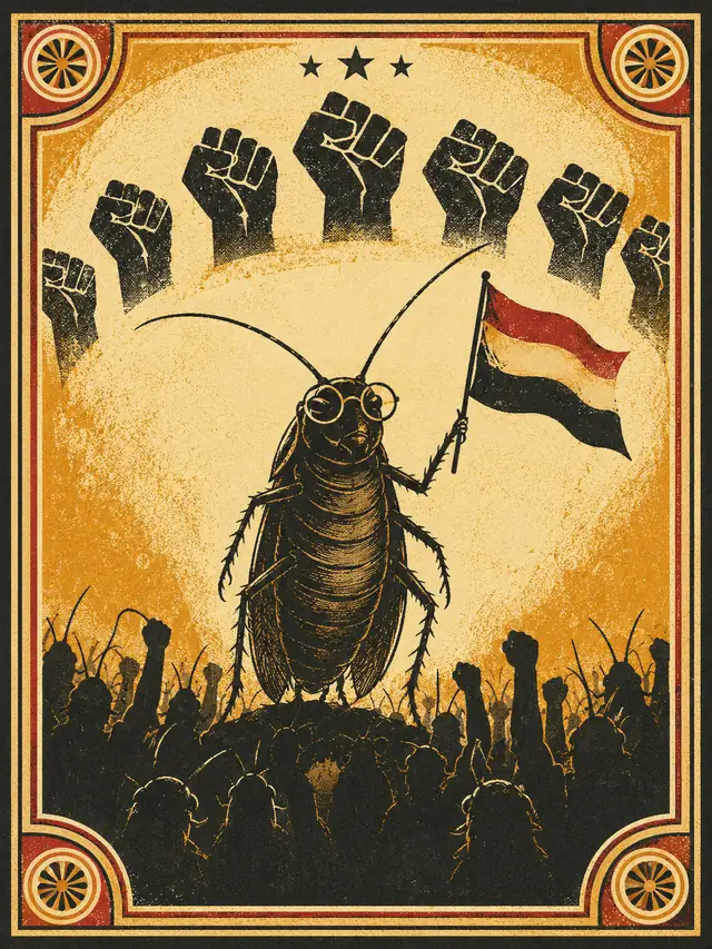 A vintage-style protest poster showing a spectacled cockroach holding a flag, standing before a crowd of raised fists