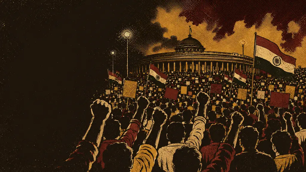 A screen-printed illustration of a vast night-time protest crowd with raised fists and Indian tricolour flags in front of a domed parliament building